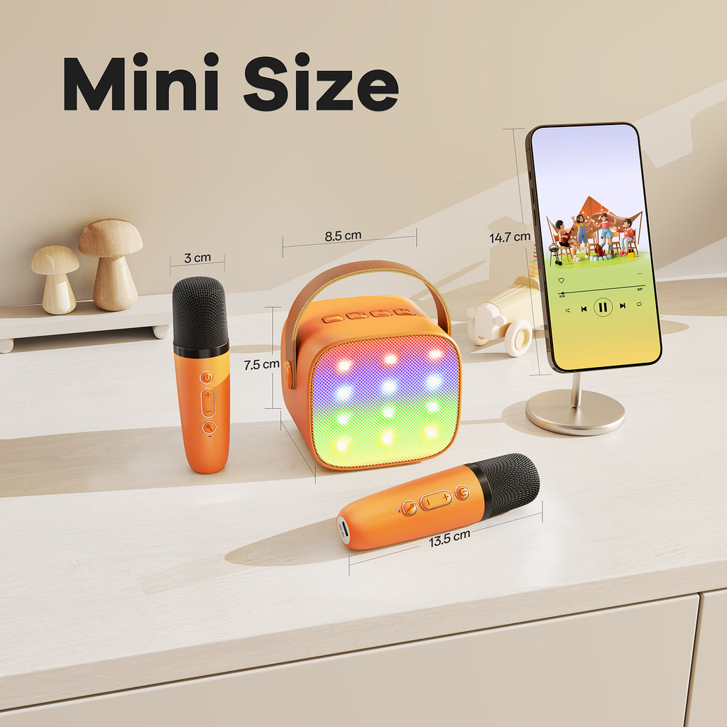 YLL Mini Karaoke Machine for Kids Adults, Portable Bluetooth Speaker with 2 Wireless Microphones, Birthday Gifts Toys for Girls Boys Ages 3, 4, 5, 6, 7, 8, 9,10,11,12+ Years Old Toddler (Orange)