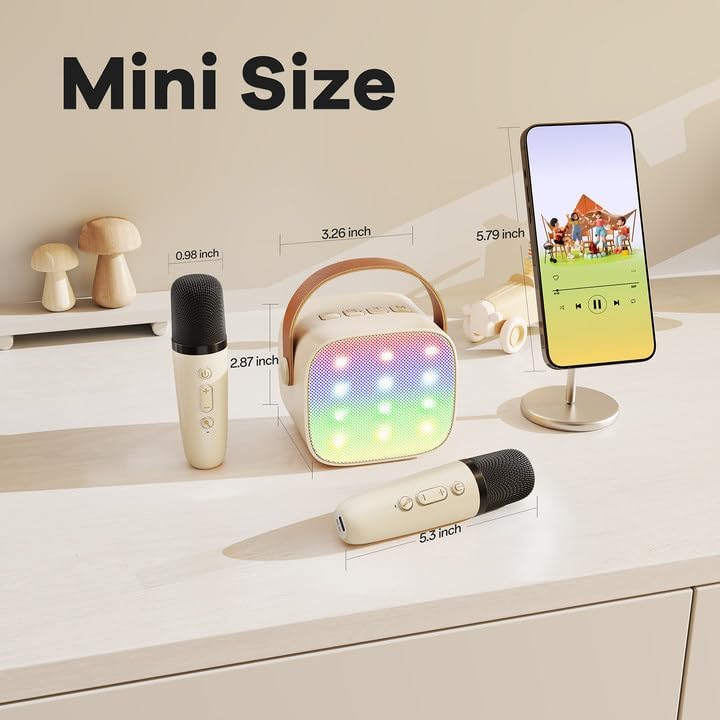YLL Mini Karaoke Machine with 2 Wireless Microphones for Kids Adults, Portable Bluetooth Speaker Gift for Girls Toys 4, 5, 6, 7, 8, 10, 12+ Years Old Teens Birthday(Beige)