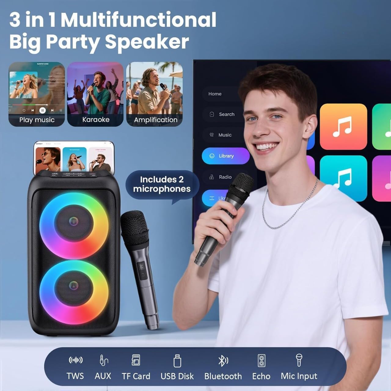 YLL Portable Bluetooth Karaoke Speaker with 2 Wireless Microphones, Karaoke Machine for Adults, PA Speaker with Colorful Lights, Supports TWS/AUX/USB/TF Card, Ideal Gifts for Home Outdoor Party