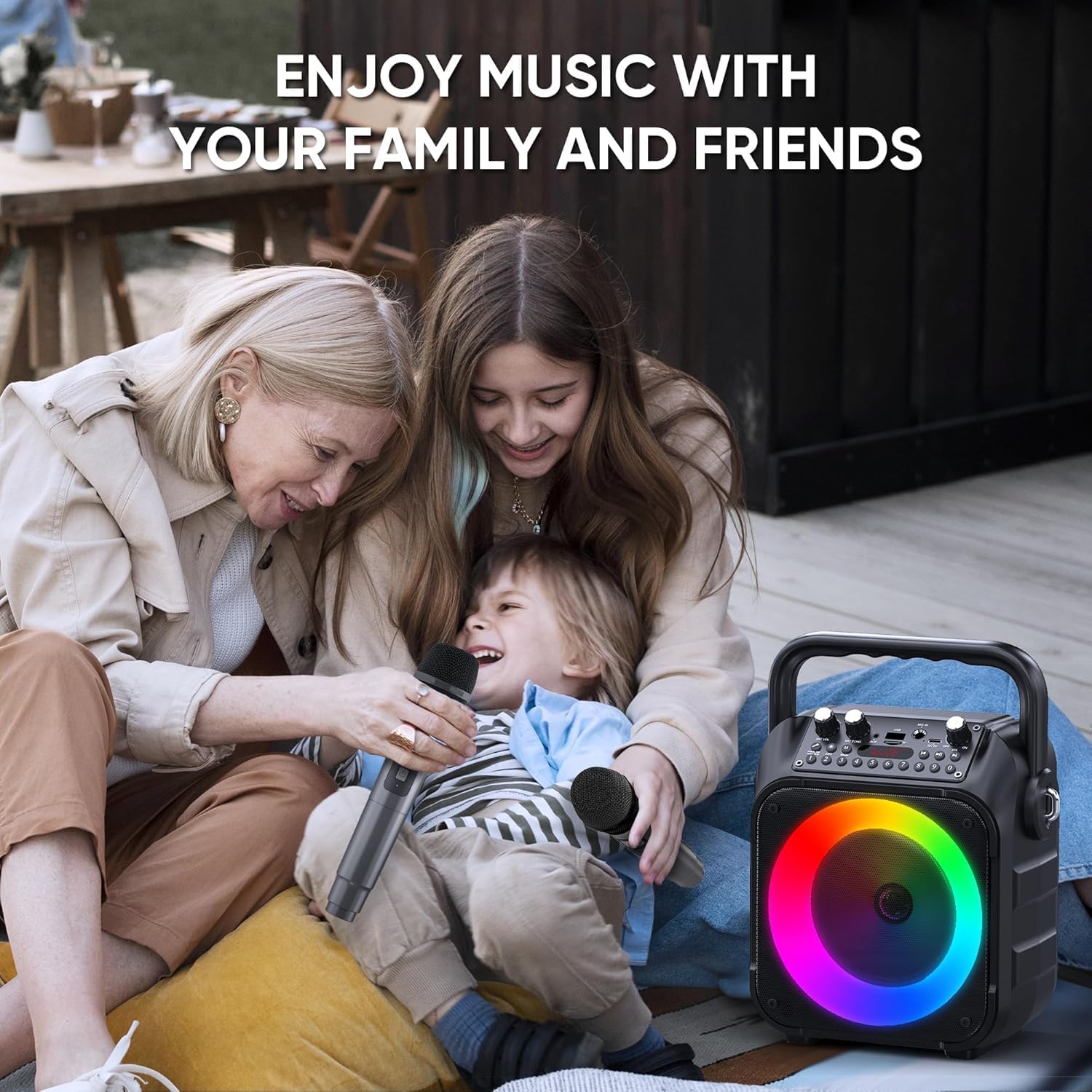 YLL Karaoke Machine with 2 Wireless Microphones, Portable Bluetooth Speaker for Adults & Kids with Lights, PA System Supports USB/TF/REC/FM/AUX for Home Family Party Trips