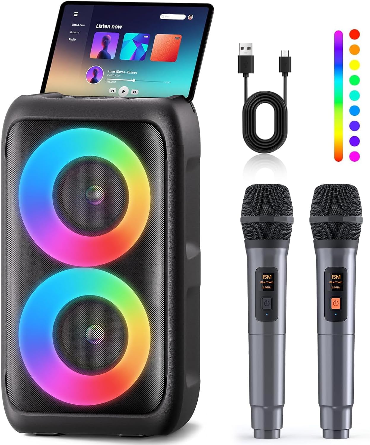 YLL Portable Bluetooth Karaoke Speaker with 2 Wireless Microphones, Karaoke Machine for Adults, PA Speaker with Colorful Lights, Supports TWS/AUX/USB/TF Card, Ideal Gifts for Home Outdoor Party