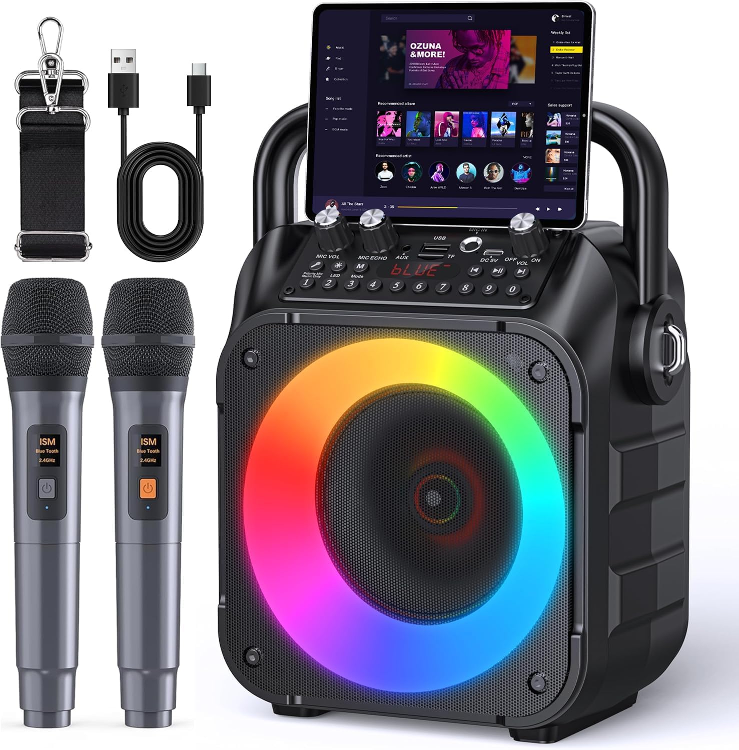 YLL Karaoke Machine with 2 Wireless Microphones, Portable Bluetooth Speaker for Adults & Kids with Lights, PA System Supports USB/TF/REC/FM/AUX for Home Family Party Trips