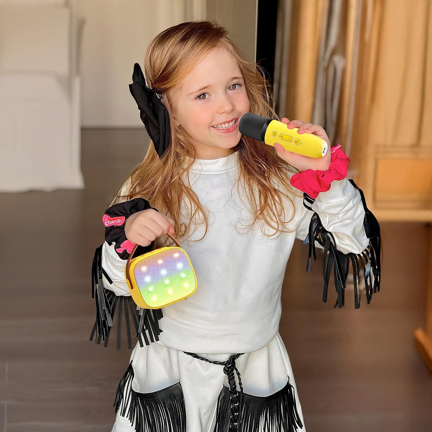 YLL Mini Karaoke Machine for Kids Adults, Portable Bluetooth Speaker with 2 Wireless Microphones, Birthday Gifts Toys for Girls Boys Ages 3, 4, 5, 6, 7, 8, 9,10,11,12+ Years Old Toddler (Yellow)