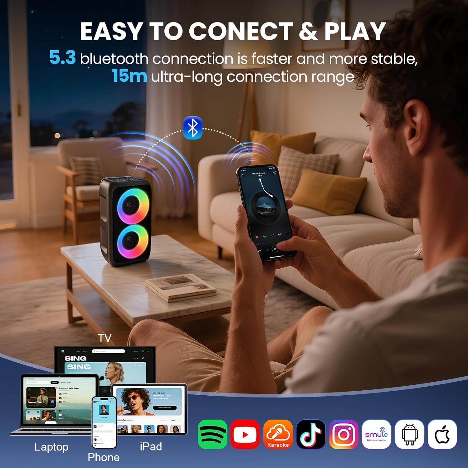 YLL Portable Bluetooth Karaoke Speaker with 2 Wireless Microphones, Karaoke Machine for Adults, PA Speaker with Colorful Lights, Supports TWS/AUX/USB/TF Card, Ideal Gifts for Home Outdoor Party