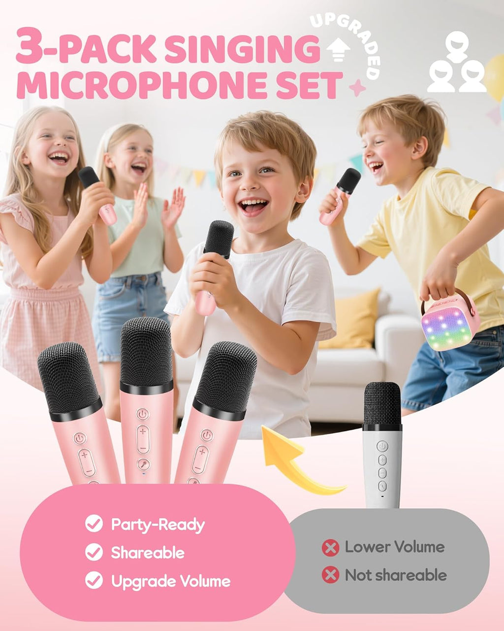 YLL Upgraded Mini Karaoke Machine with 3 Wireless Microphones Toy for Kids, Christmas Birthday Gifts for Girls Boys, Portable MP3 Player for Ages 3, 4, 5, 6, 7, 8, 9, 10, 12+ Year Old Party (P-Ink)