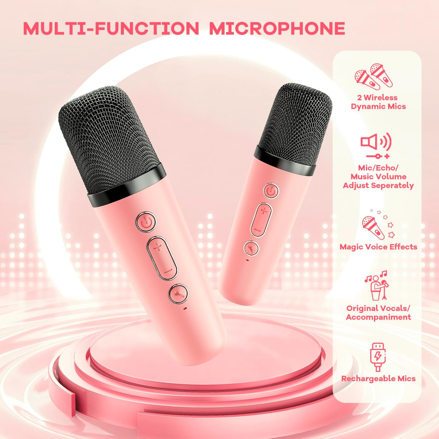 YLL Mini Karaoke Machine for Kids Adults, Bluetooth Speaker with 2 Wireless Microphones, TOP Christmas Birthday Gifts Toys for Girls Ages 3, 4, 5, 6, 7, 8, 9,10,11,12+ Years Old Toddler (Lightpink)