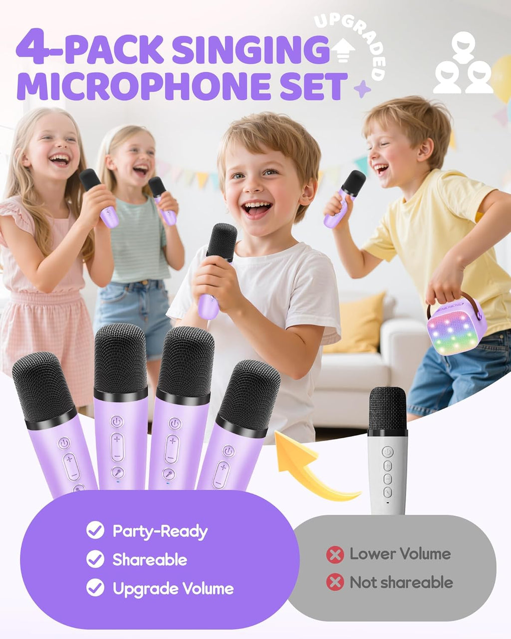 YLL Upgraded Mini Karaoke Machine with 4 Wireless Microphones Toy for Kids, Christmas Birthday Gifts for Girls Boys, Portable MP3 Player for Ages 3, 4, 5, 6, 7, 8, 9, 10, 12+ Year Old Party (Purple)