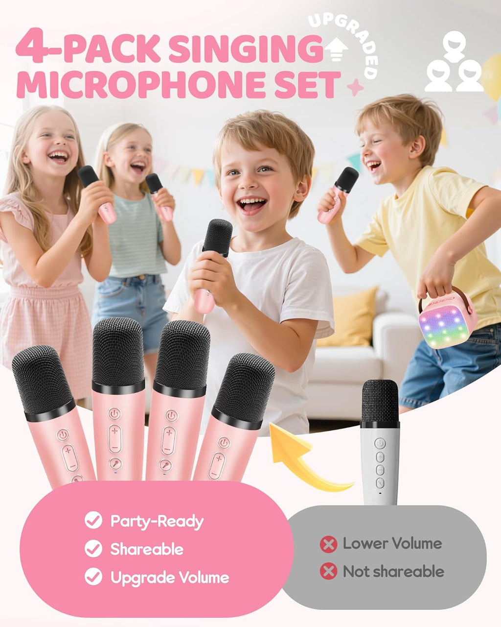 YLL Upgraded Mini Karaoke Machine with 4 Wireless Microphones Toy for Kids, Christmas Birthday Gifts for Girls Boys, Portable MP3 Player for Ages 3, 4, 5, 6, 7, 8, 9, 10, 12+ Year Old Party (P-Ink)