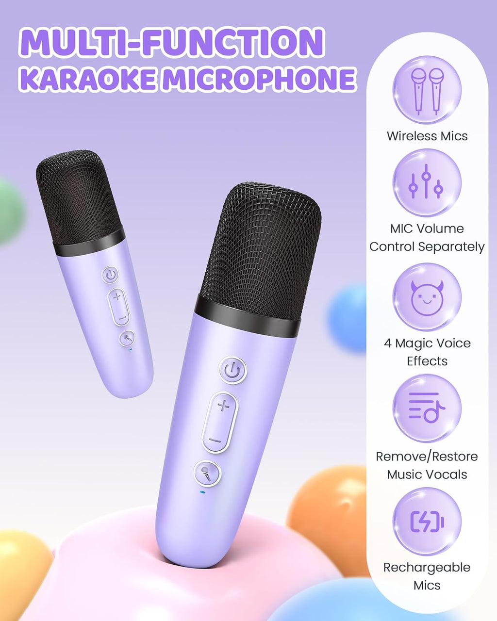 YLL Upgraded Mini Karaoke Machine with 4 Wireless Microphones Toy for Kids, Christmas Birthday Gifts for Girls Boys, Portable MP3 Player for Ages 3, 4, 5, 6, 7, 8, 9, 10, 12+ Year Old Party (Purple)