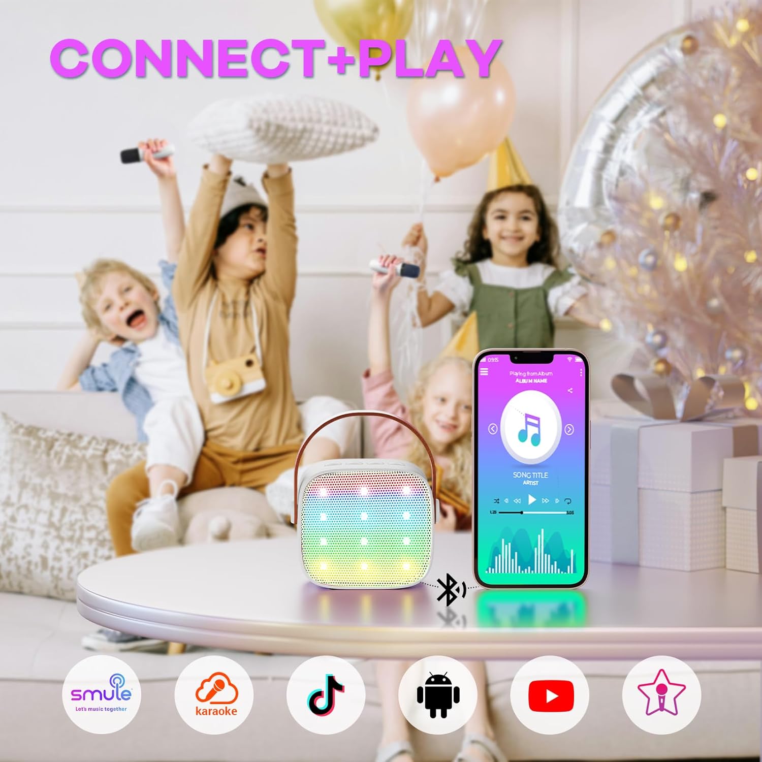 YLL Mini Karaoke Machine for Kids Adults, Portable Bluetooth Speaker with 2 Wireless Microphones,Toys Birthday Gifts for Girls 3, 4, 5, 6, 7, 8, 9, 10, 11, 12+ Years Old Toddler Teens(White)