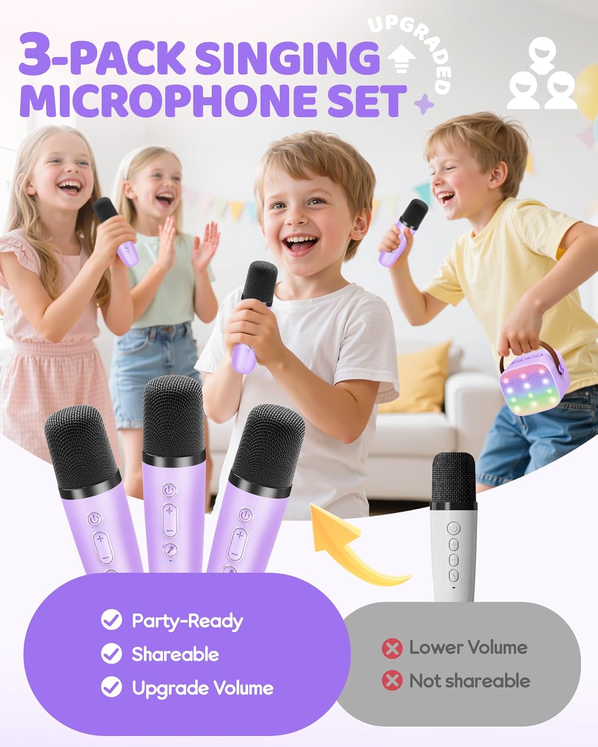 YLL Upgraded Mini Karaoke Machine with 3 Wireless Microphones Toy for Kids, Christmas Birthday Gifts for Girls Boys, Portable MP3 Player for Ages 3, 4, 5, 6, 7, 8, 9, 10, 12+ Year Old Party (Purple)