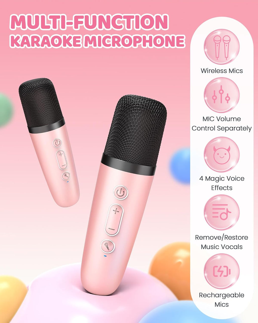 YLL Upgraded Mini Karaoke Machine with 3 Wireless Microphones Toy for Kids, Christmas Birthday Gifts for Girls Boys, Portable MP3 Player for Ages 3, 4, 5, 6, 7, 8, 9, 10, 12+ Year Old Party (P-Ink)
