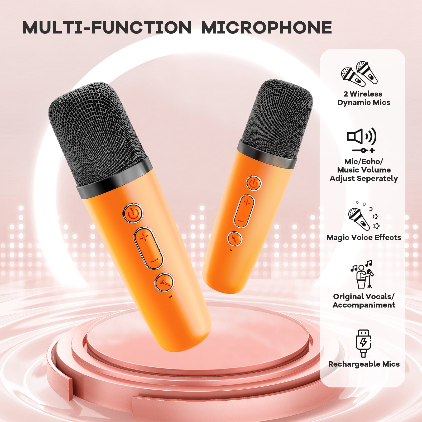 YLL Mini Karaoke Machine for Kids Adults, Portable Bluetooth Speaker with 2 Wireless Microphones, Birthday Gifts Toys for Girls Boys Ages 3, 4, 5, 6, 7, 8, 9,10,11,12+ Years Old Toddler (Orange)