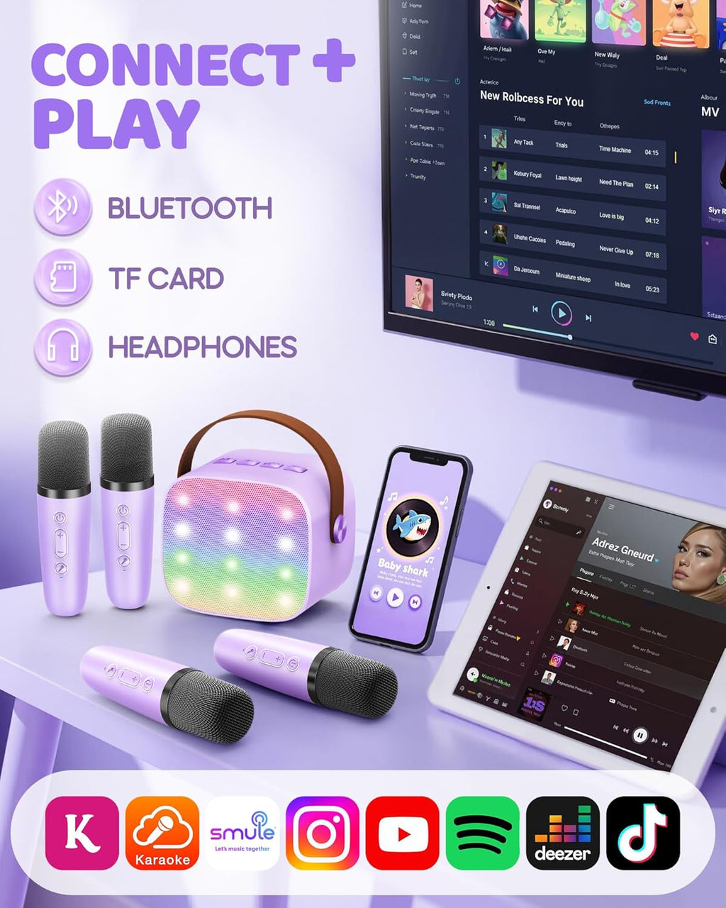 YLL Upgraded Mini Karaoke Machine with 4 Wireless Microphones Toy for Kids, Christmas Birthday Gifts for Girls Boys, Portable MP3 Player for Ages 3, 4, 5, 6, 7, 8, 9, 10, 12+ Year Old Party (Purple)