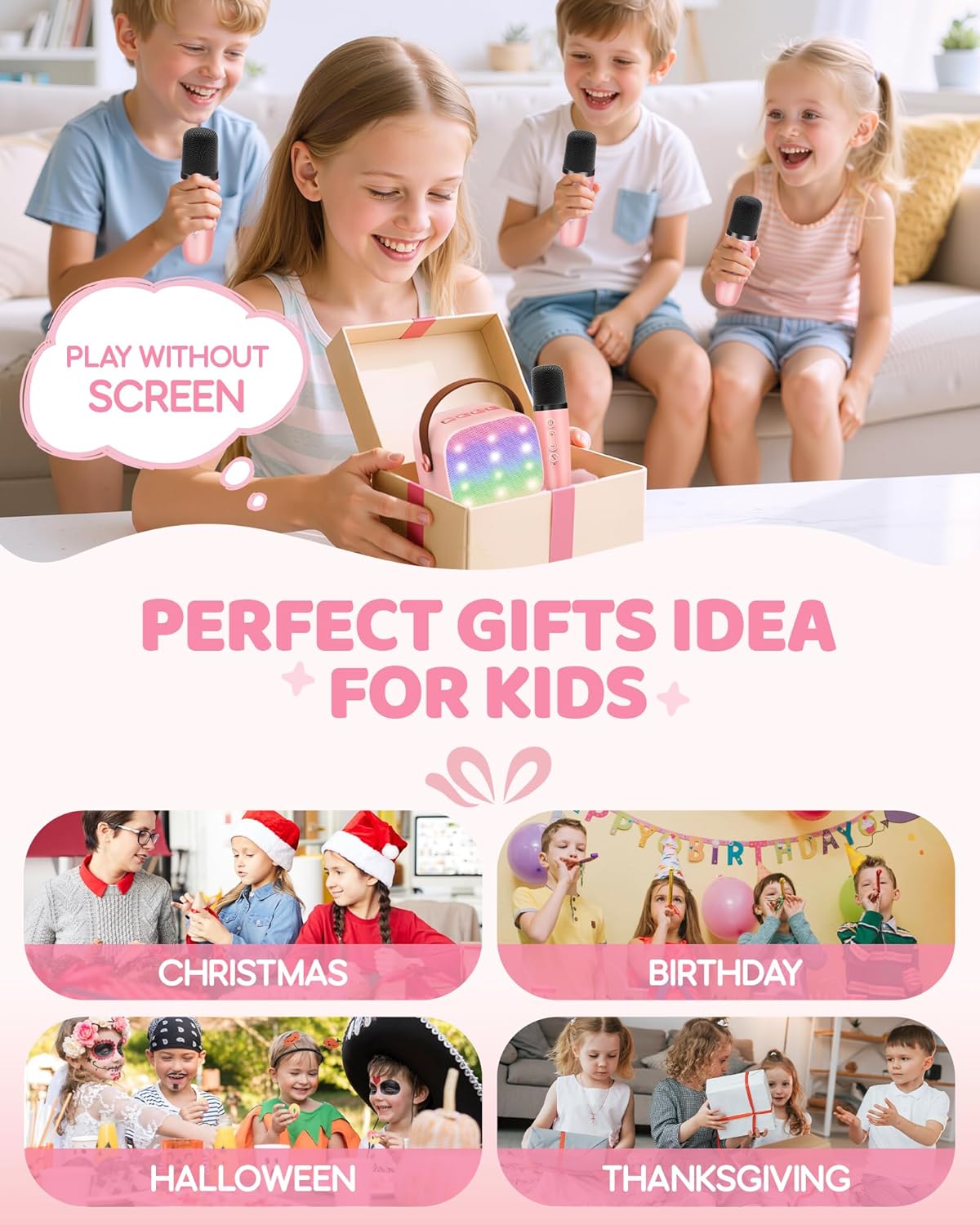 YLL Upgraded Mini Karaoke Machine with 4 Wireless Microphones Toy for Kids, Christmas Birthday Gifts for Girls Boys, Portable MP3 Player for Ages 3, 4, 5, 6, 7, 8, 9, 10, 12+ Year Old Party (P-Ink)