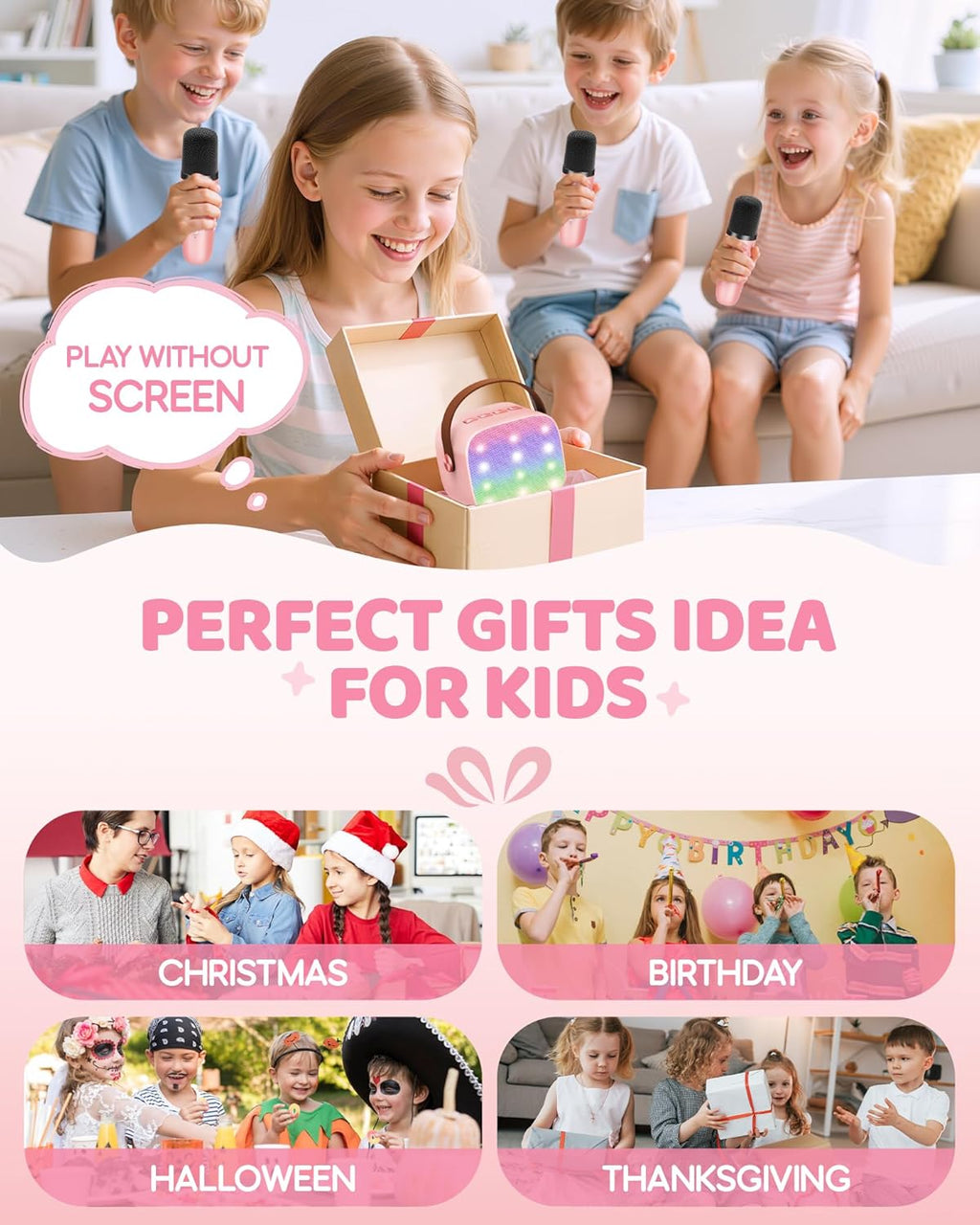 YLL Upgraded Mini Karaoke Machine with 3 Wireless Microphones Toy for Kids, Christmas Birthday Gifts for Girls Boys, Portable MP3 Player for Ages 3, 4, 5, 6, 7, 8, 9, 10, 12+ Year Old Party (P-Ink)