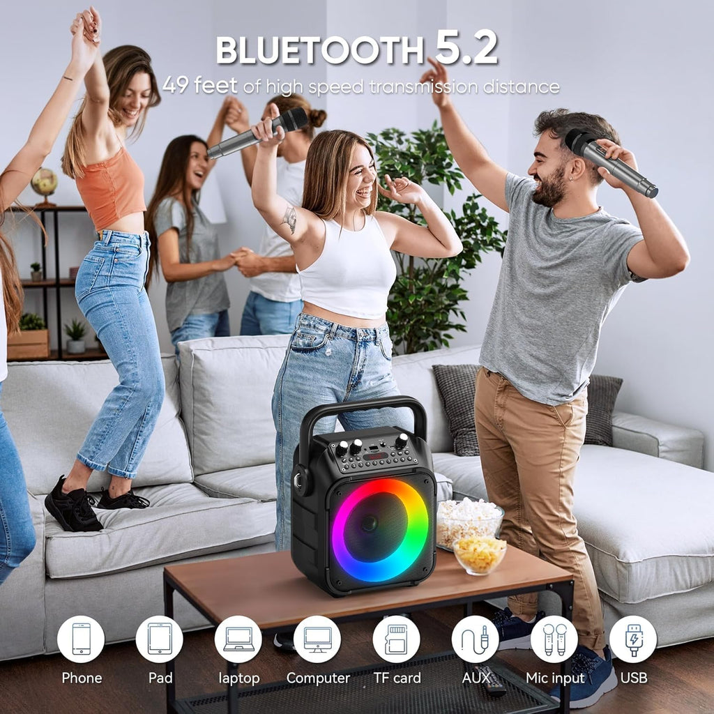 YLL Karaoke Machine with 2 Wireless Microphones, Portable Bluetooth Speaker for Adults & Kids with Lights, PA System Supports USB/TF/REC/FM/AUX for Home Family Party Trips