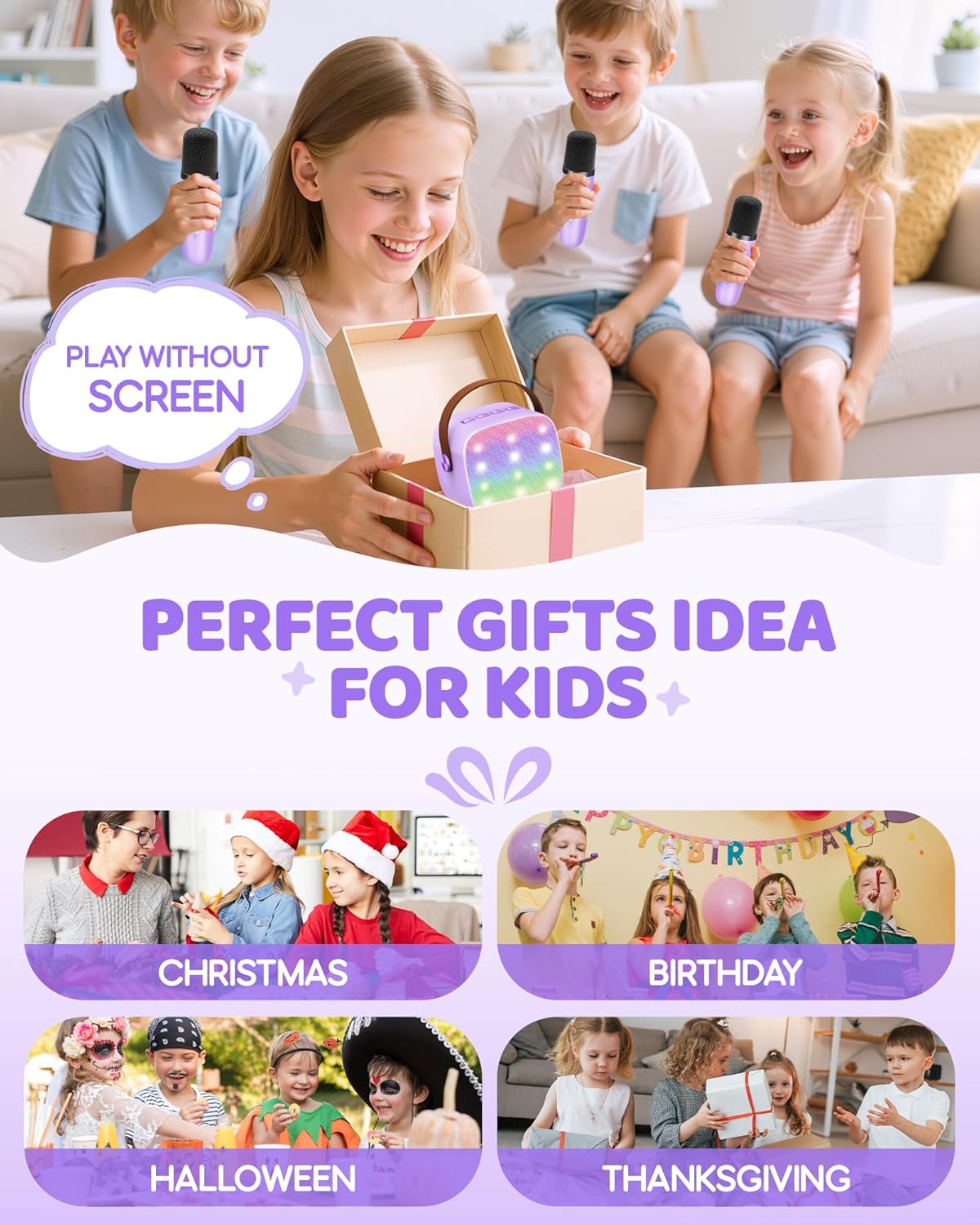 YLL Upgraded Mini Karaoke Machine with 3 Wireless Microphones Toy for Kids, Christmas Birthday Gifts for Girls Boys, Portable MP3 Player for Ages 3, 4, 5, 6, 7, 8, 9, 10, 12+ Year Old Party (Purple)